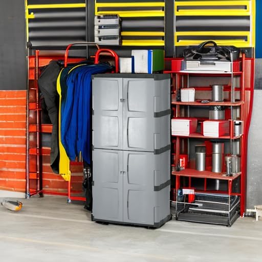 Rubbermaid Freestanding Storage Cabinet Five Shelf with Double Doors Lockable Large 690-Pound Capacity Gray For Garage/Outdoor Garden Tools/Toys/Power Tools/Pool Accessories Grey