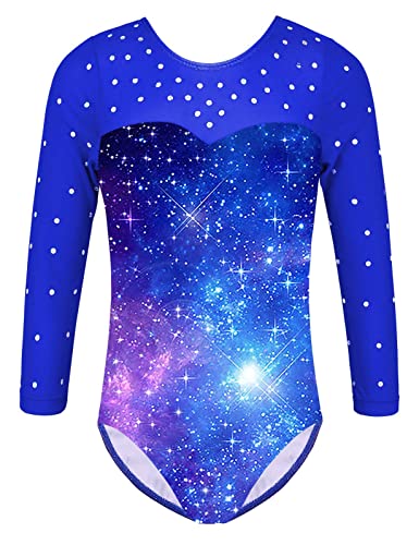 TFJH E Gymnastic Leotard Girls Practice Outfits 3/4 Mesh Sleeve Ballet Dance Tumbling Wear Blue Galaxy 4A