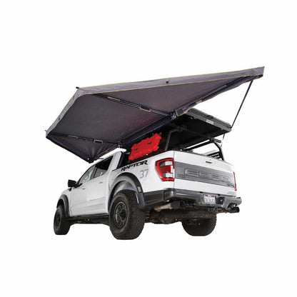 Overland Vehicle Systems 19609917 HD Nomadic 180 LTE Awning Universal | 59 Sq Ft of Coverage | Dark Gray Fabric with Black Travel Cover Included | Twist and Lock Technology | Heat-Sealed Seams