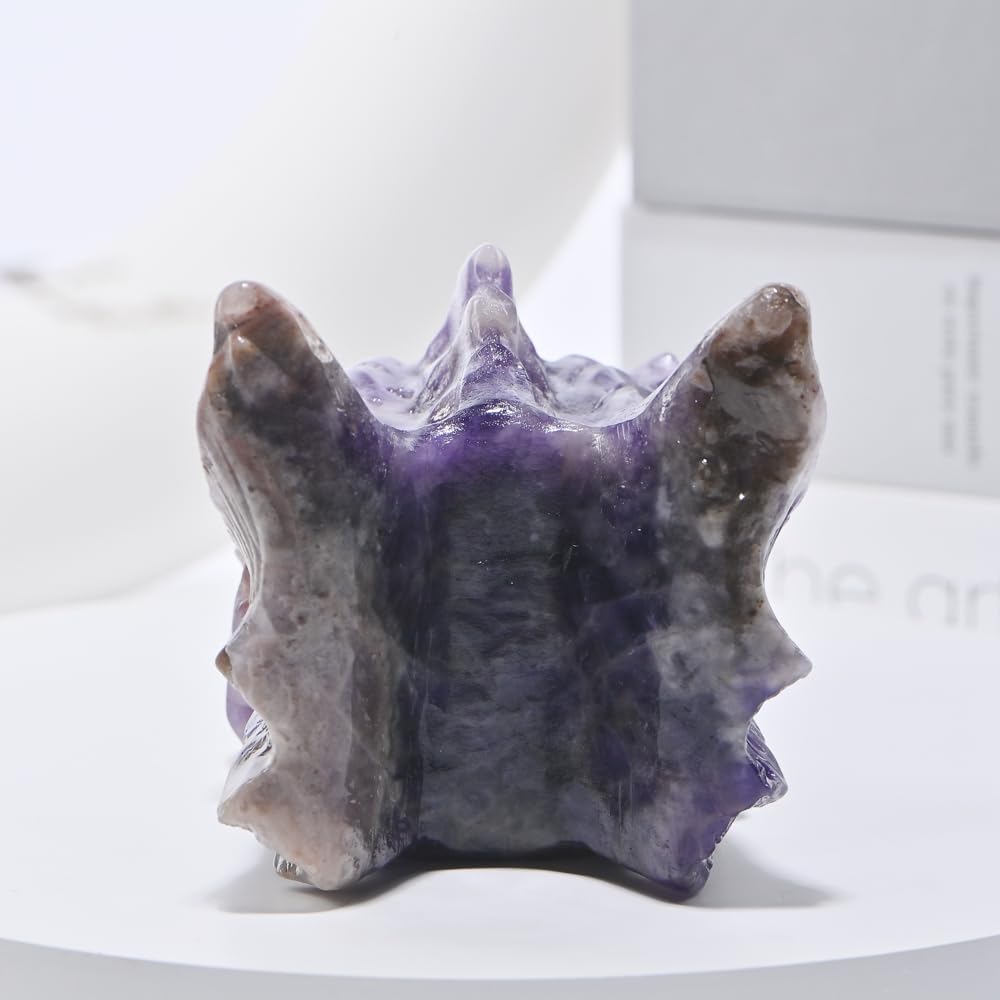 Bmuafry 6''Natural Dragon Head Crystal Skull Head Hand Carved Reiki Healing Stone Statue Healing Home Office Art Room Decoration (Dreamy Amethyst, 6inch)