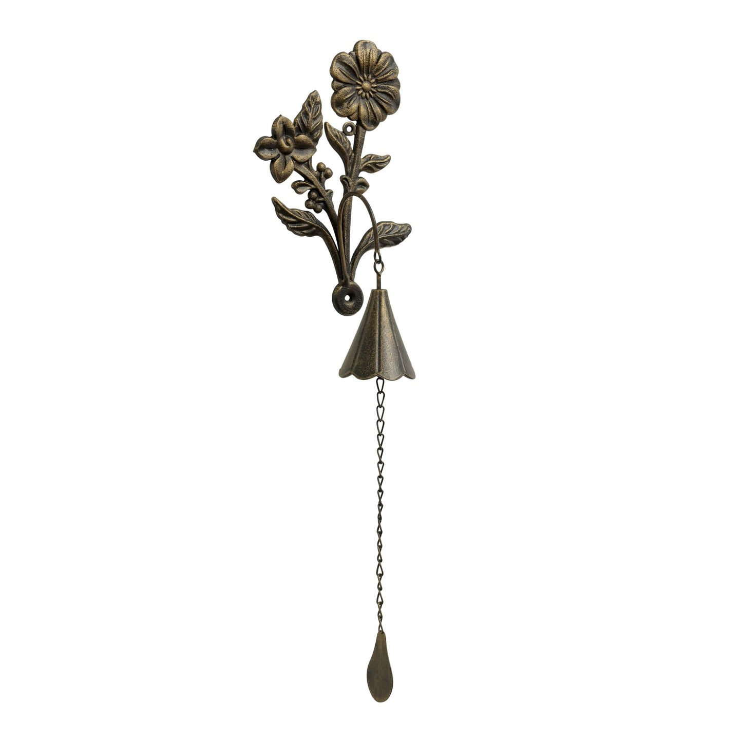 SOFFEE GARDEN Floral Cast Iron Bell, Double Flower & Cone-Shaped Bell Design for Porch, Pathway, or Garden Decor, Antique Style Metal Chime