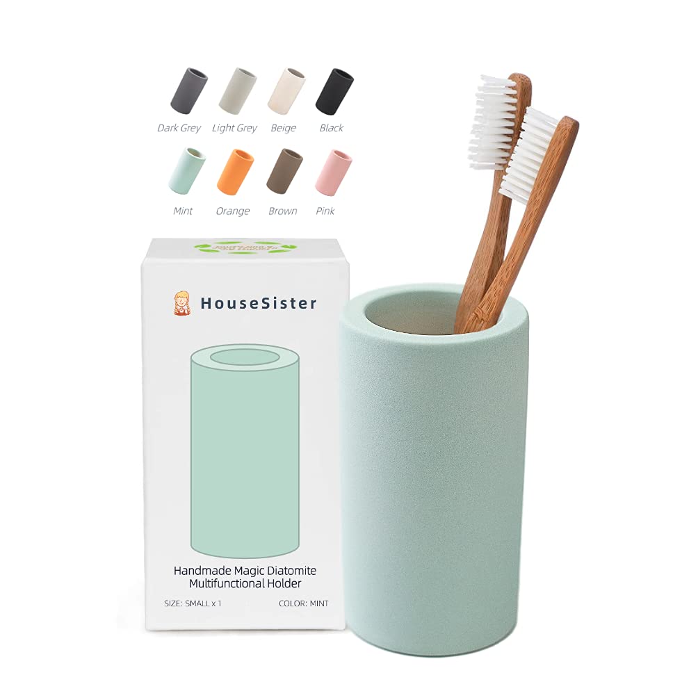 HouseSister Fast-Drying Diatomite Toothbrush Holder - Bathroom Countertop Organizer Stand for Toothpaste, Makeup Brushes, Razors & Accessories (Mint Green)