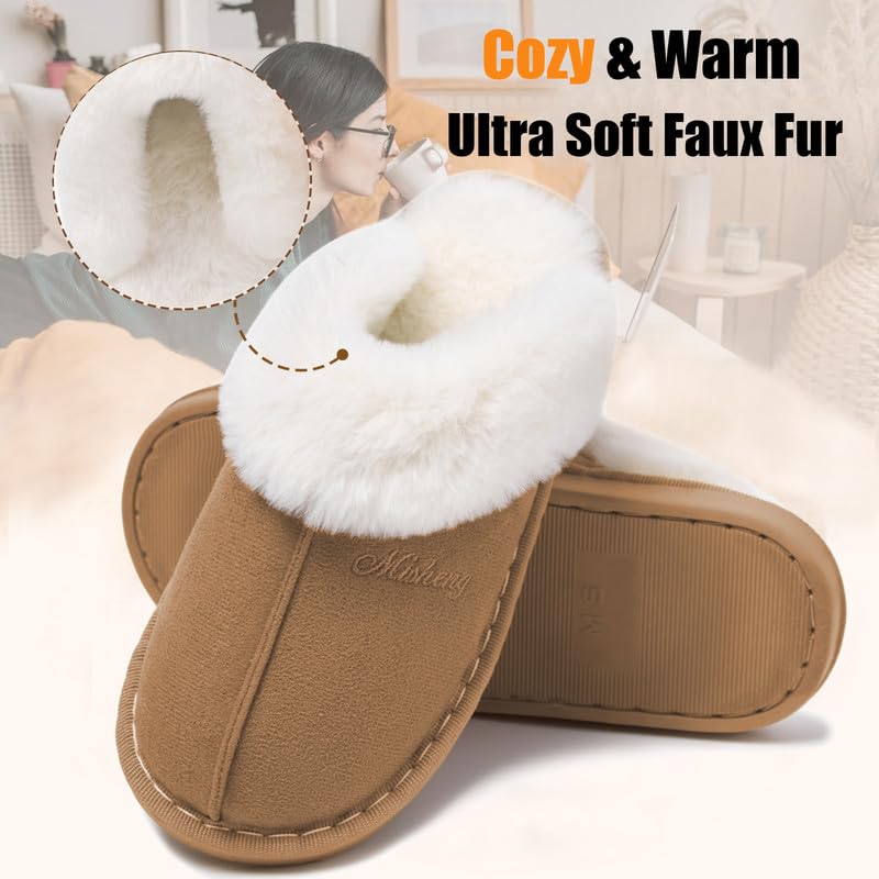 Misolin Womens Slipper Memory Foam Fluffy Slip-on House Suede Fur Lined/Anti-Skid Sole, Indoor & Outdoor Light Brown 5.5/6.5 UK, Light Brown