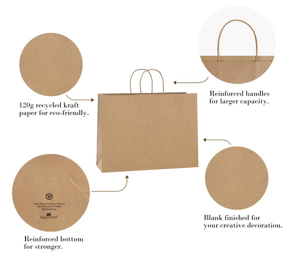 BagDream 100Pcs 16x6x12 Inches Kraft Paper Bags with Handles Bulk Shopping Bags for Gifts, Grocery, Merchandise, Recycled Large Brown Paper Sacks
