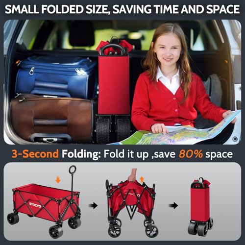 SYOCYO Collapsible Folding Wagon Cart, Heavy Duty Wagon Foldable with 330lbs Weight Capacity, Utility Garden Cart, Beach Wagons with All-Terrain Wheels for Camping, Sports, Shopping, Red