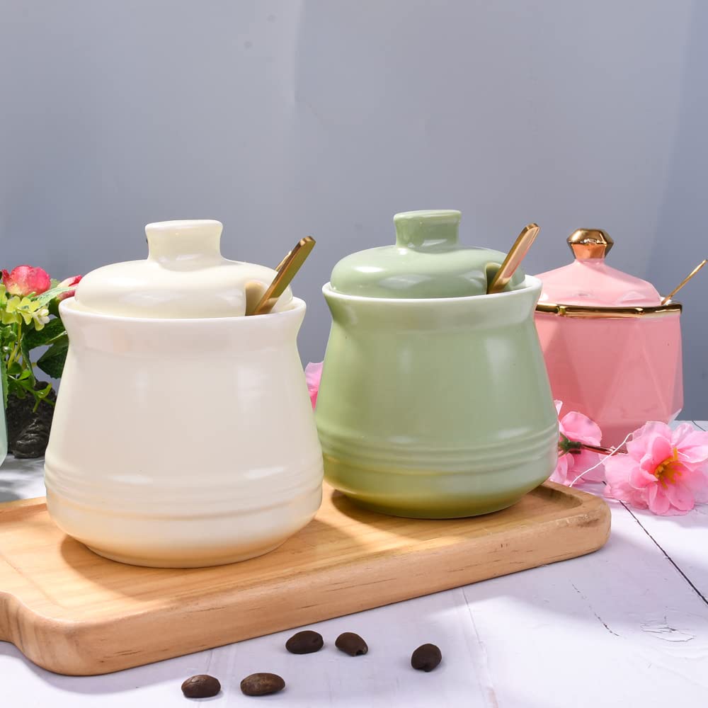 Sugar Bowl with Lid and Spoon, Ceramic Sugar Bowl,Multi-Function Sugar Container Spice Container Salt Jar Condiment Bowls Sugar Jar for Kitchen Storage Organization (Green)