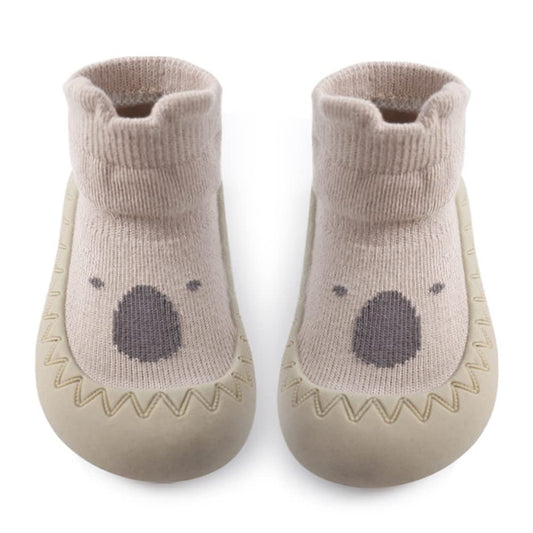 Exemaba Toddler Sock Shoes - Baby First Walking Shoes Soft Sole with Grips for Boys & Girls (Khaki Raccoon, Tag21/6-12 M)