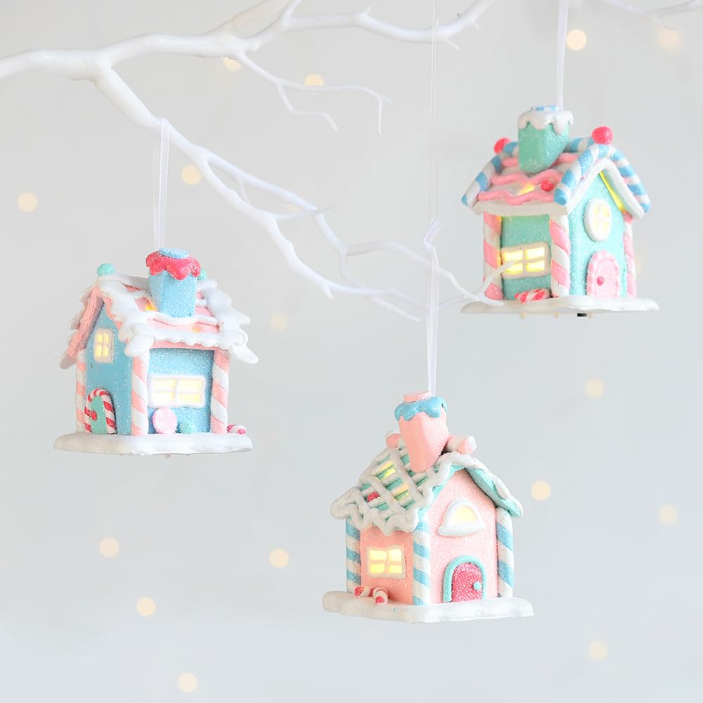3Pcs Pastel Candy House Christmas Tree Ornaments with Lighted LED, Clay Gingerbread House Hanging Ornaments with Rope for Xmas Tree Holiday Party Home Decoration