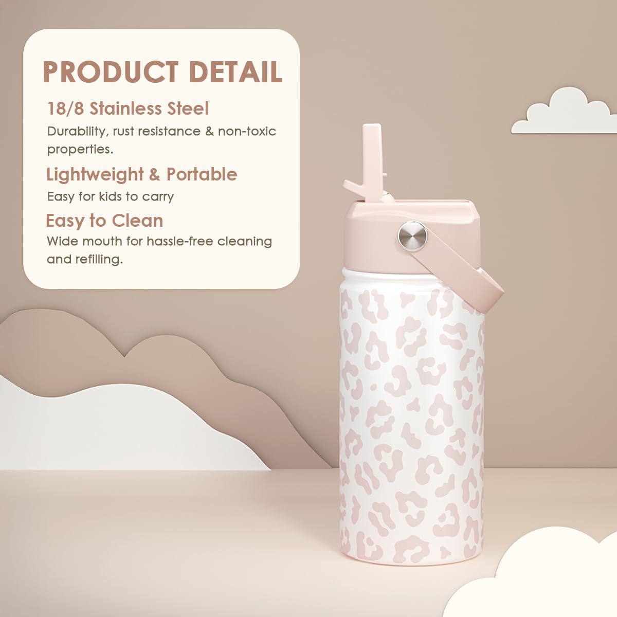 Beige Leopard Print Kids Water Bottle with Straw Lid 12oz Insulated Stainless Steel, Travel Tumbler, Gifts for Girls, Birthday, Christmas, Back to School