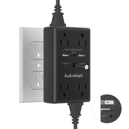 Black Wall Power Strip, 8 Way Outlets with 1680J Surge Protected, Multi Plug Wall Outlet with USB Ports, LED Indicator, 1875W Wall Mounted Surge Protectors for Dorm Room Office Kitchen