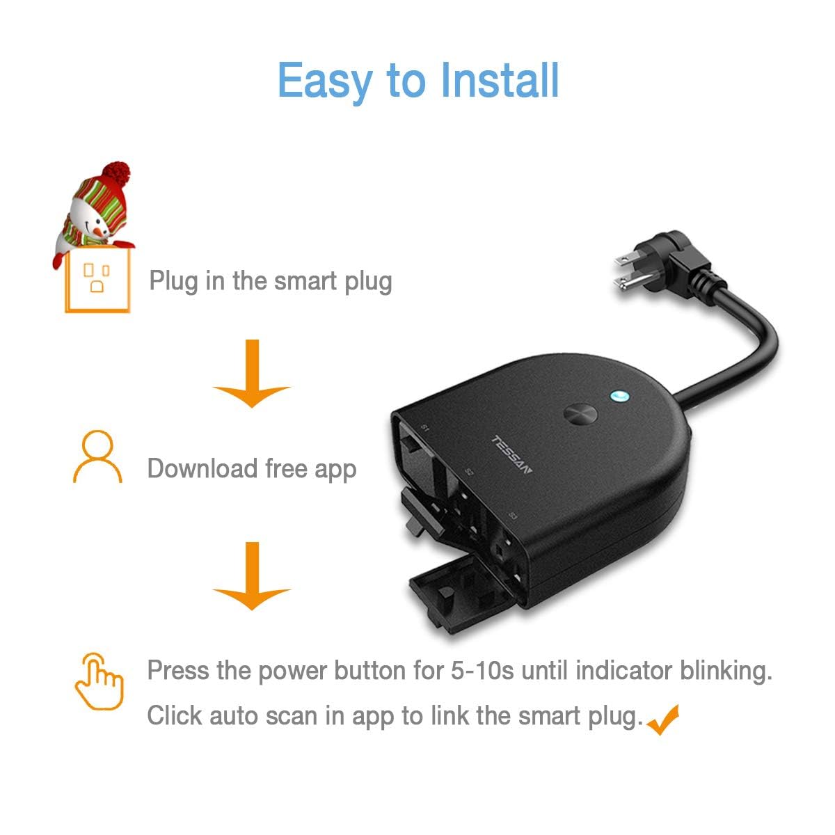 Outdoor Smart Plug Waterproof, TESSAN WiFi Smart Outlet Switch with 3 Individual Sockets Compatible with Alexa Google Home, Remote Control and Timer Function, 2.4GHz Wi-Fi Only