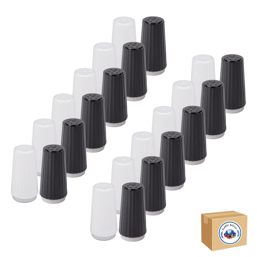 Disposable Salt and Pepper Shakers by Global Basics (24)- Plastic Shaker Sets for Parties, Restaurants, Picnics, Cookouts - Prefilled Salt and Pepper Shakers with 4oz. Salt, 1.5oz. Pepper - 24-Pack