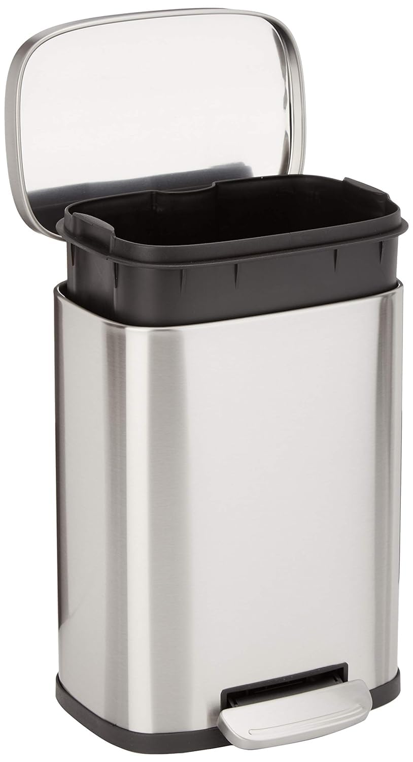Amazon Basics Smudge Resistant Rectangular Trash Can With Soft-Close Foot Pedal, Brushed Stainless Steel, 50 Liter/13.2 Gallon, Satin Nickel Finish, 16.7"L x 14.7"W x 25.9"H