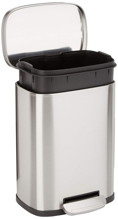 Amazon Basics Smudge Resistant Rectangular Trash Can With Soft-Close Foot Pedal, Brushed Stainless Steel, 50 Liter/13.2 Gallon, Satin Nickel Finish, 16.7"L x 14.7"W x 25.9"H