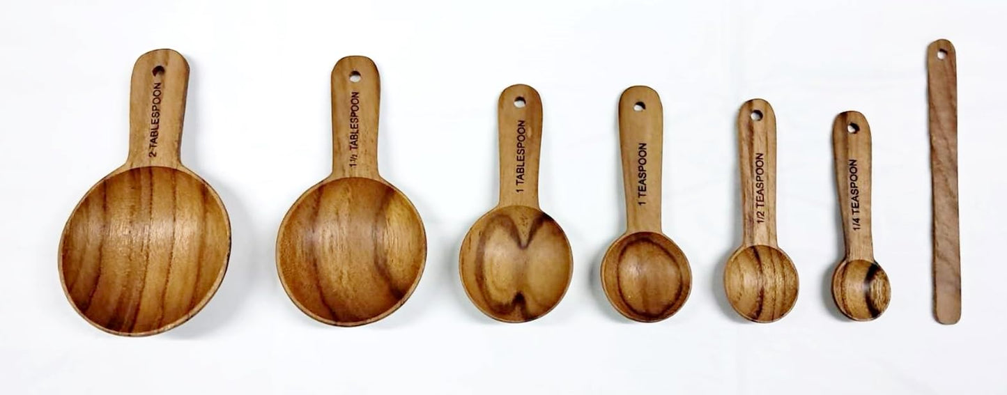 Dolphin Shop - Genuine teak wood measuring spoon set, 6-piece handmade for tea, coffee, sugar, salt, seasonings, and baking