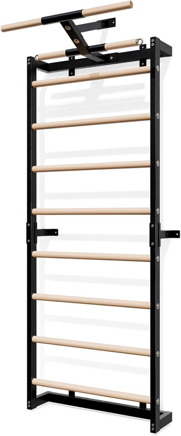 Gsskny Swedish Ladder, Wood Stall Bars Suspension Trainer with Pull-Up Bar & Rings for Straps, Swedish ladders Wall Gym Adult, Wall-Mounted Workout Ladder