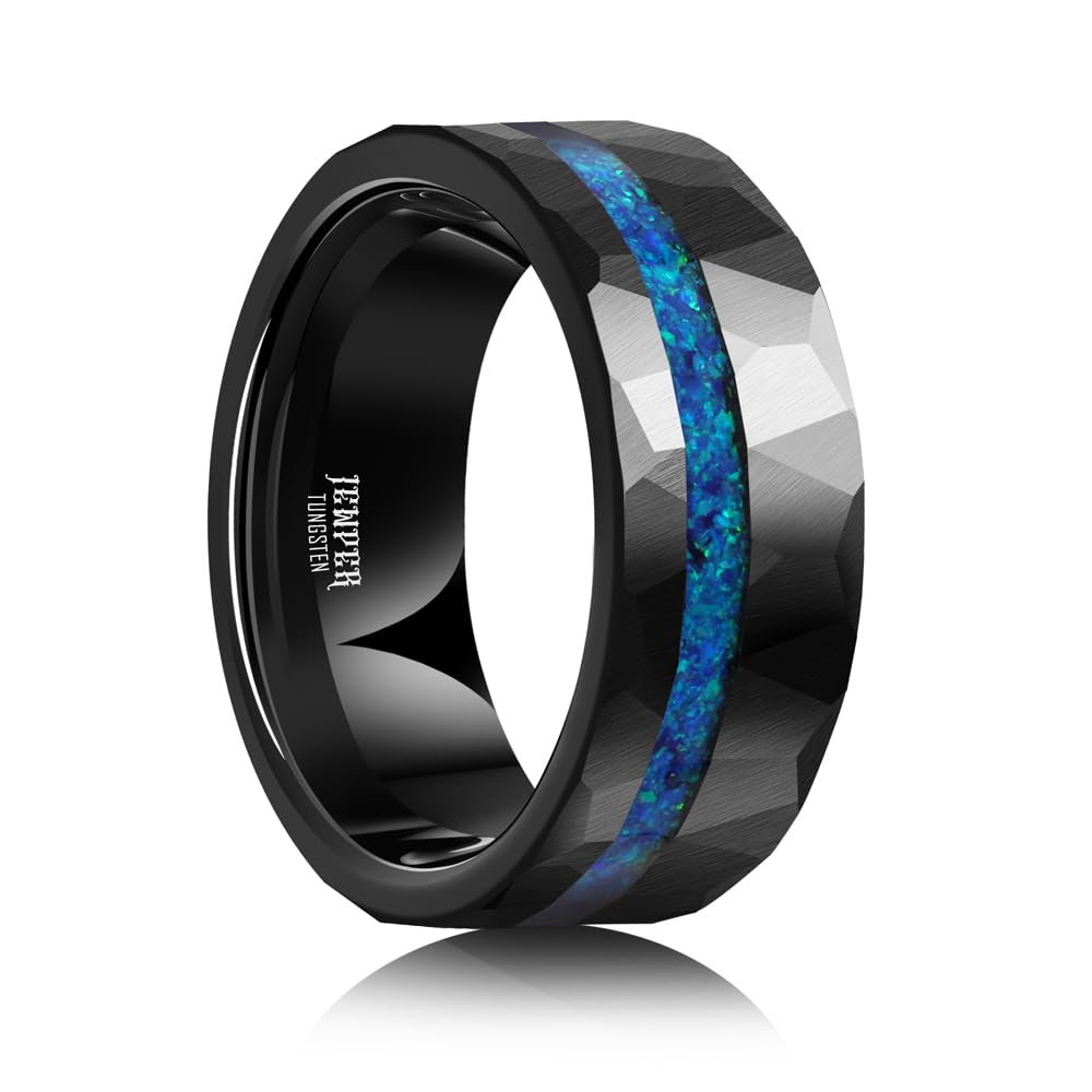 JEWPER 8mm Men Womens Wedding Band Tungsten Rings Black Blue Hammer pattern Fashion Promise Carbide Inlaid Opal Matte Finish Edge Comfort Fit Size(11)