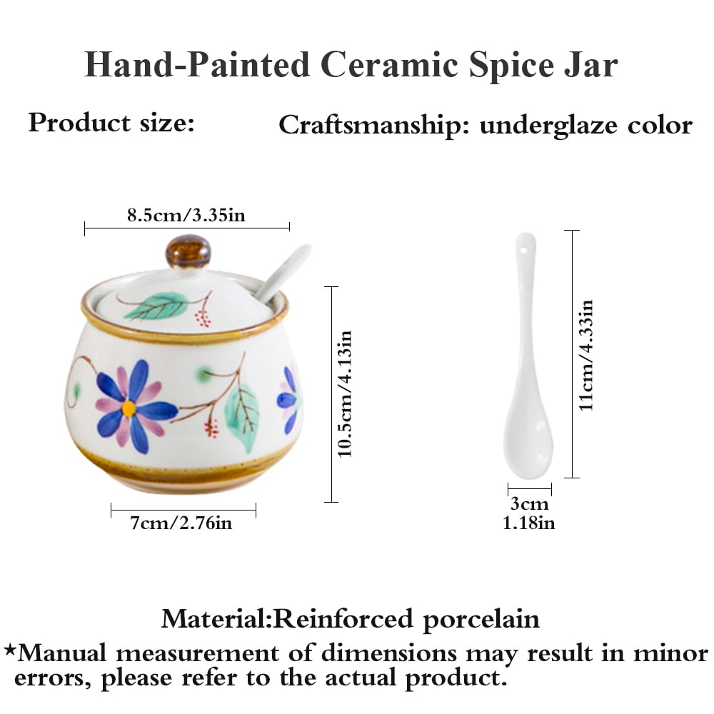 YMYL Ceramic Sugar Bowl with Lid and Spoon, 11oz Porcelain Sugar Holder for Coffee Bar, Salt Container Pepper Storage Jar for Home and Kitchen (Blue)