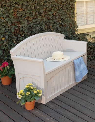 Suncast 50 Gallon Patio Bench with Storage - Decorative Resin Outdoor Patio Bench for Deck, Patio, Garden, Backyard - Ideal for Storing Toys, Cushions, Tools - Taupe ()