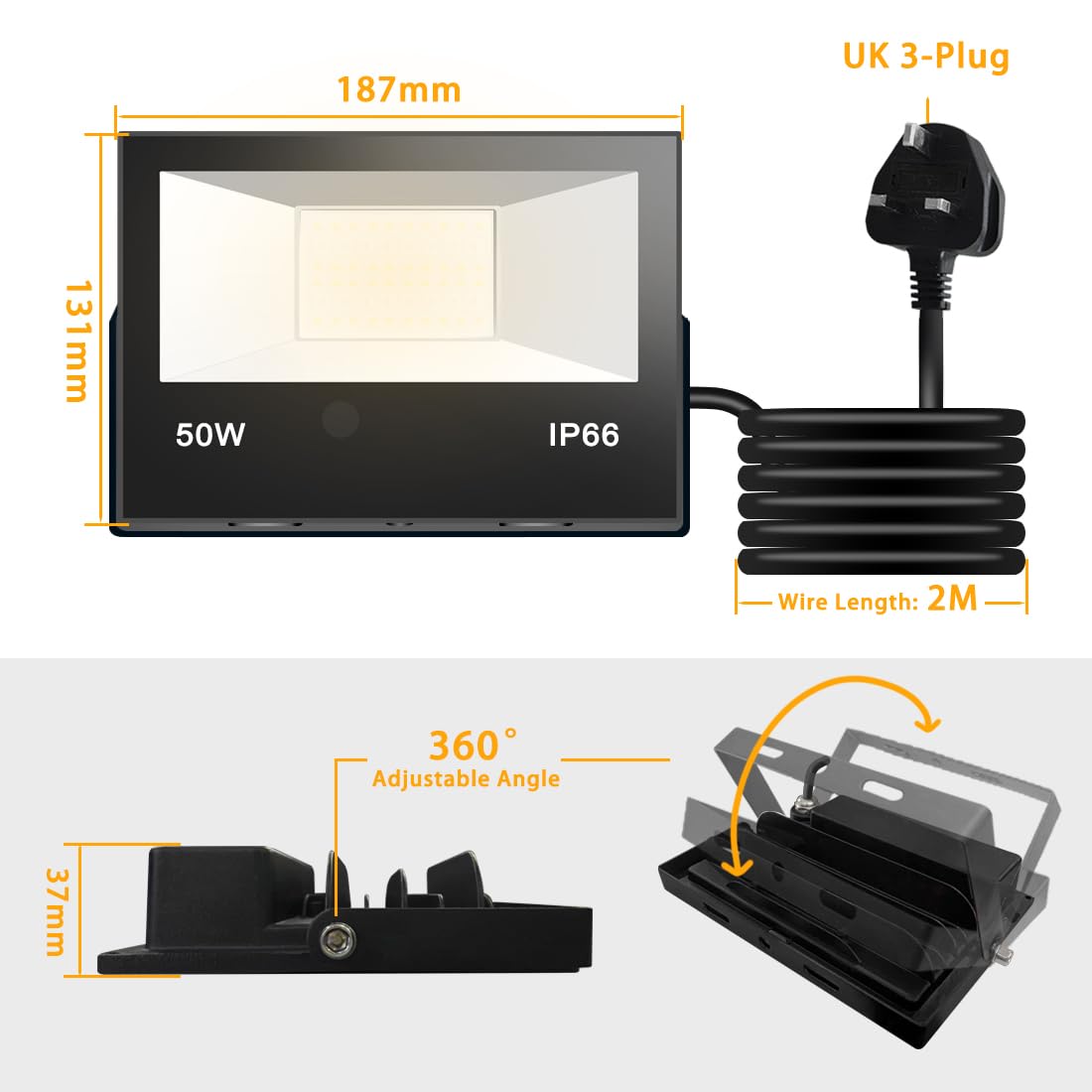 Jayool LED Floodlight Outdoor 50W 5000LM, Flood Lights Colour Changing, 120 RGB Colours- Warm White-Timing-Remote Control - 5 Modes, IP66 Waterproof, UK 3-Plug (1 Pack)