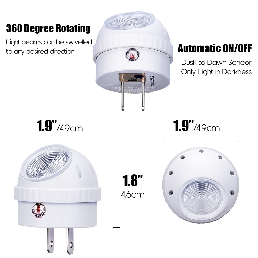 Emotionlite Plug-in Night Lights, Warm White LED Nightlight, 360° Rotation, Dusk to Dawn Sensor, Kids, Adult, Bedroom, Hallway, Bathroom,Kitchen, Stairways, Corridor, 6 Pack
