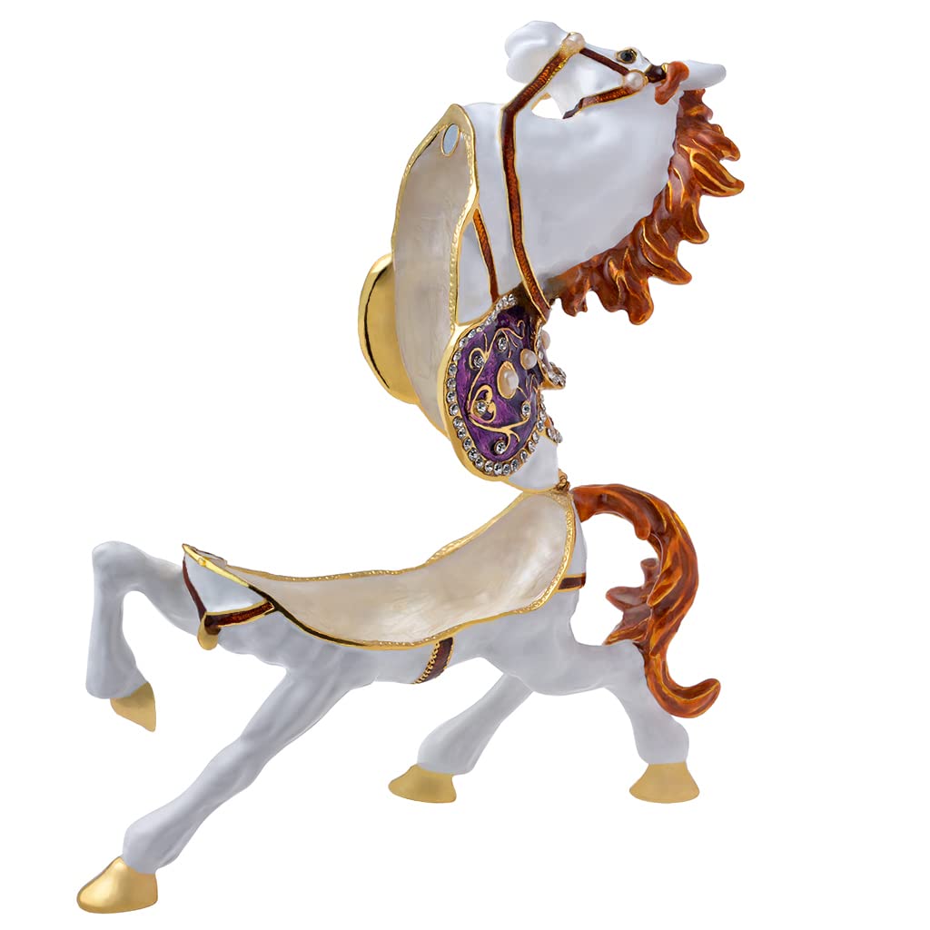 FJ FENGZHIJIE Golden Crystal Enameled Horse Jewelry Box, Hand-Painted Hinged White Horse Trinket Box, Elegant Home Décor & Unique Gift for Equestrians