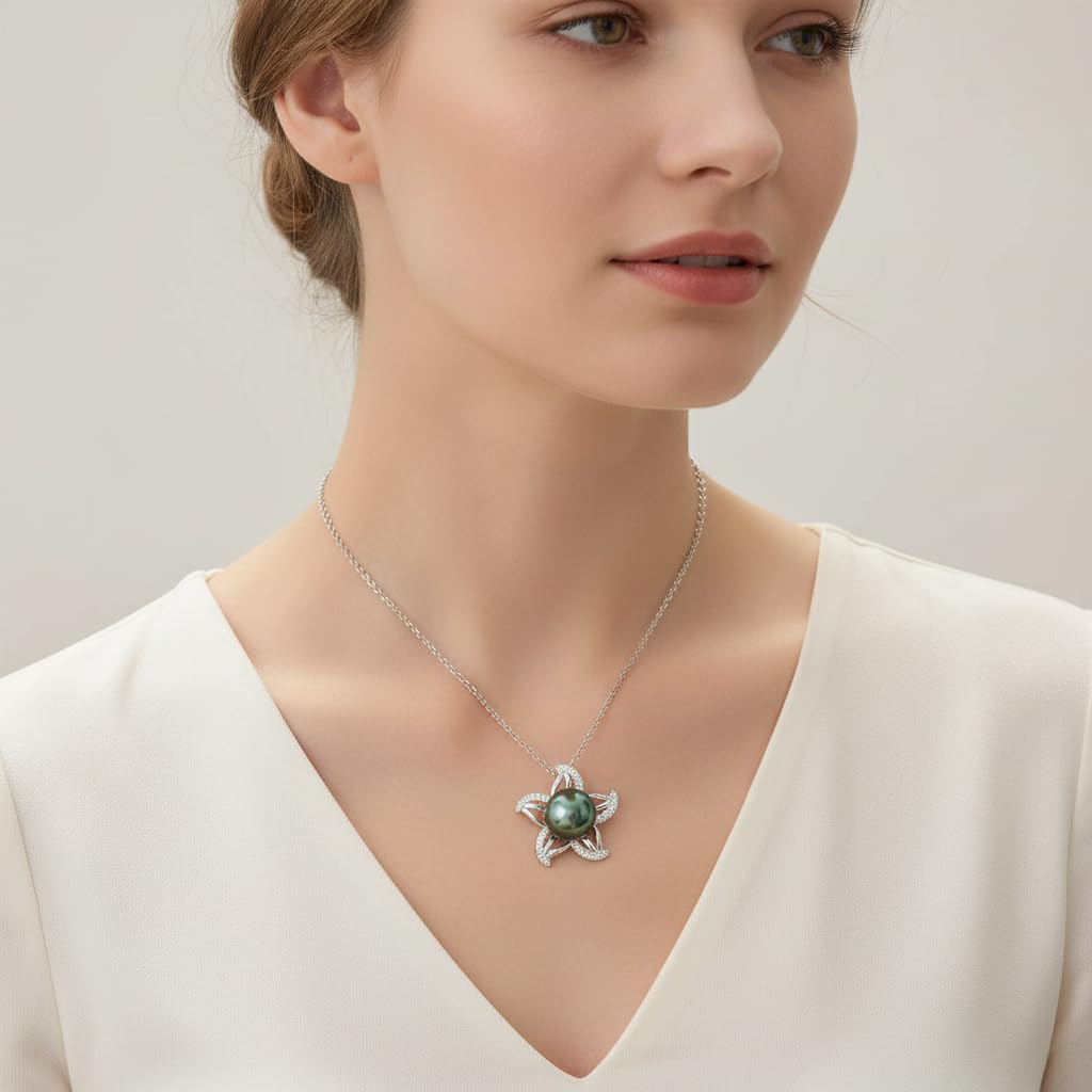 Tahitian Black Pearl Necklace for Women - Christmas Gift for Wife, Mom, Grandma, Jewelry Gifts for Wedding Anniversary Birthday, 9-10mm Seawater Pearl with Sterling Silver Moissanite Starfish Pendant