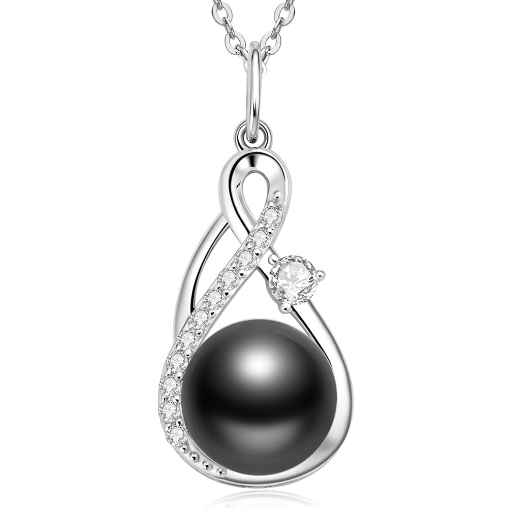 DENGGUANG Genuine Tahitian Black Pearl Necklace for Women, Sterling Silver Infinity Pearl Pendant Necklaces with Moissanite, Anniversary Birthday Mothers Day Jewelry Gifts for Mom Wife