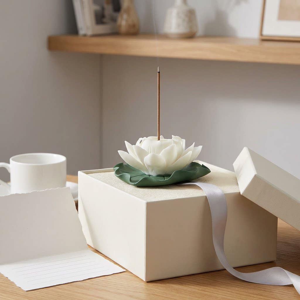 Lotus Incense Holder for Mosquitos - White Ceramic Bloom with Leaf Tray, Aromatherapy Decor, Meditation Gift Set, Zen Home Office Desk Altar Decor (Handmade, Ash Catcher, Unique Holiday Present)