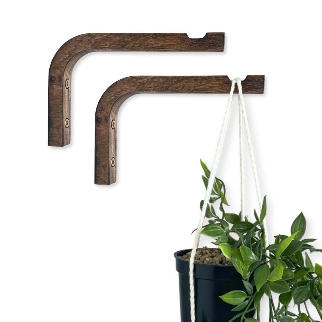 EvenWood 2-Piece Set of Plant Hooks for Wall 6 Inch - Mounted Wooden Plant Hook - Indoor and Outdoor Bracket Plant Hanger for Planters, Lanterns, Bird Feeders, Patio Decorations (Walnut)