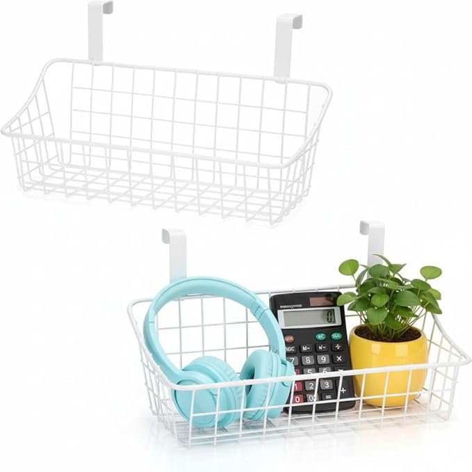 LeleCAT White Basket with hook Grid Storage Basket, Hang it behind a door or on