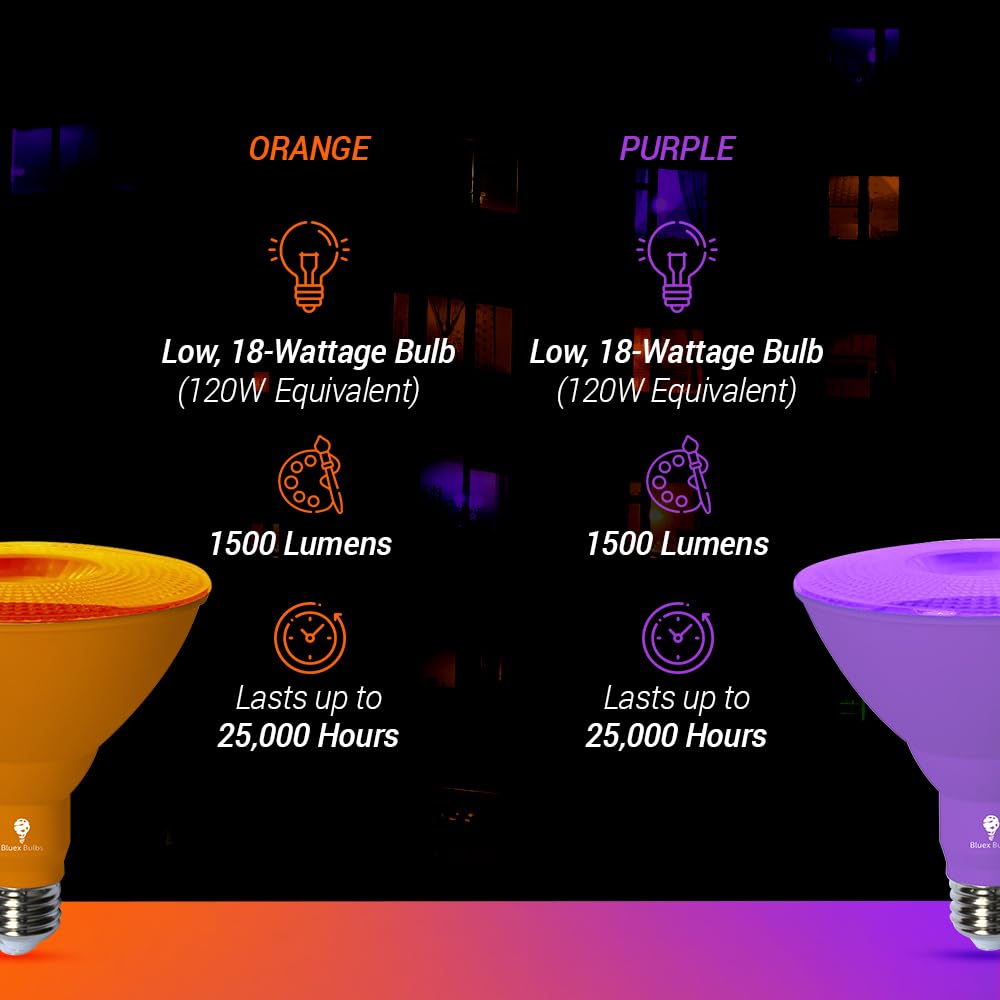 Bluex Bulbs 6 Pack LED Par38 Flood Purple Orange Light Bulb - 18W (120Watt Equivalent) - Dimmable - E26 LED Lights, Party Decoration,Home Lighting, Holiday Halloween Orange Purple Flood Lights Bulbs