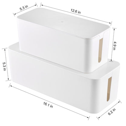Cable Management Box, 2 Pack Large & Medium Cable Organizer Box with 17 PCS Cable Management Set, Cord Organizer Box to Hide Surge Protector on Desk or Floor (White)