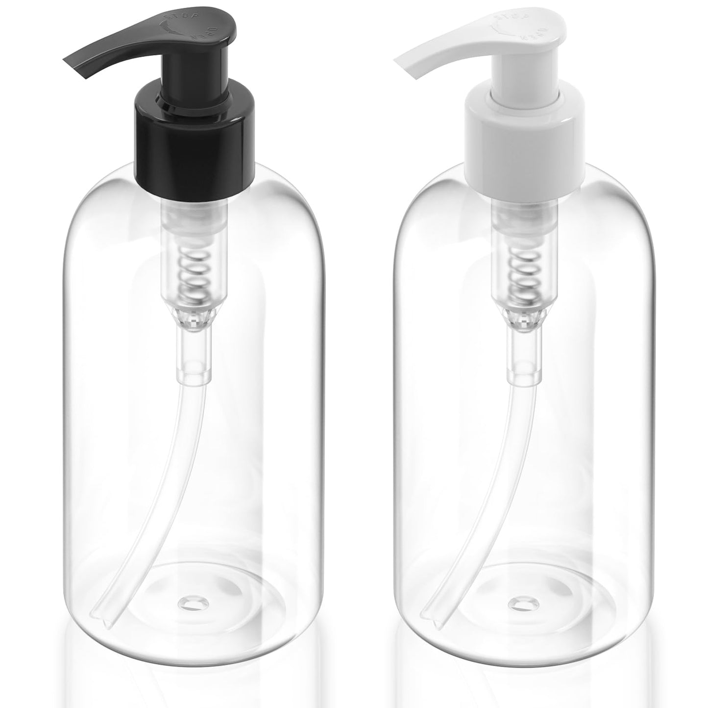 Bar5F Plastic Bottles with Pump Dispenser, 8 oz | Leak Proof, Empty, Clear Refillable, BPA Free for Body Wash, Moisturizer, Face Cream, Liquid Soap | Black & White Pumping Caps | Set of 2