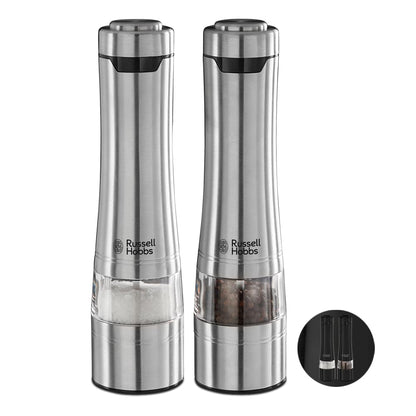 Russell Hobbs Stainless Steel Electric Salt & Pepper Mill Set with Adjustable Ceramic Grinder Heads for fine or coarse Grinding, Battery Operated, Light up During use, One Handed Operation, 23460-56