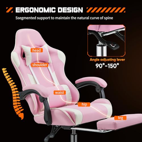 Sweetcrispy Video Game Desk Chair - Ergonomic Computer with Footrest and Comfy Lumbar Support, PU Leather Recliner with Headrest, Fixed Up Armrest, Height Adjustable with 360° Swivel, for Adults, Pink