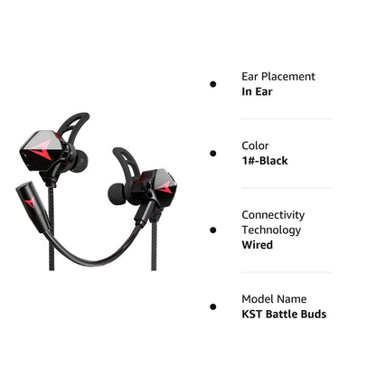 KASOTT Battle Buds Pro in-Ear Gaming Headset with Dual Microphone, Mute and Volume Control, Wired Earphones for Mobile Gaming, Nintendo Switch, Xbox One, PS, PC (New-Black)