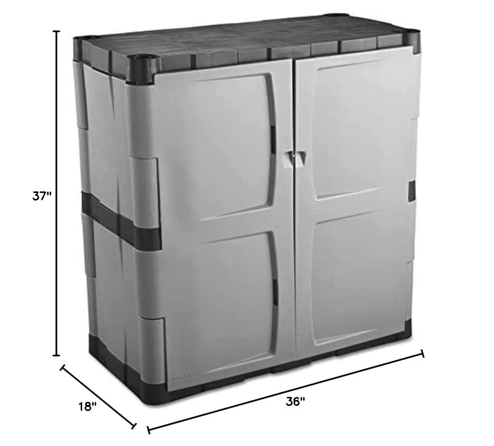 Rubbermaid Freestanding Storage Cabinet with Doors 18"D x 36"W x 37"H Medium Gray/Black Two-Shelf Lockable Cabinet for Indoor/Outdoor/Garage Storage for Garden Tools/Lawn Care Accessories