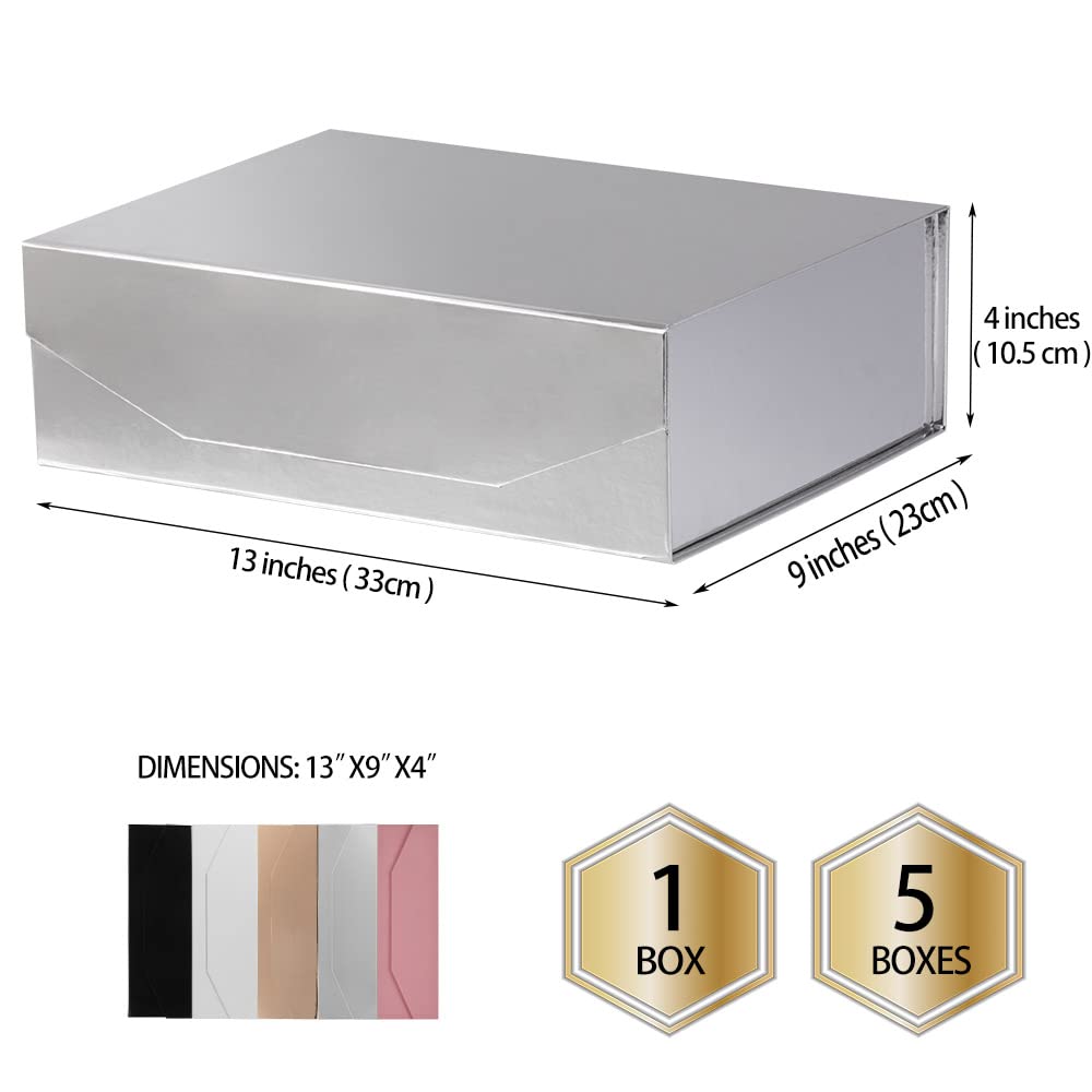 PACKGILO 1Pcs 13x9x4 Inches Silver Gift Boxes with Lids for Presents Magnetic gift box large Gift Box for Bridesmaid Proposal，Groomsman (Glossy Silver)