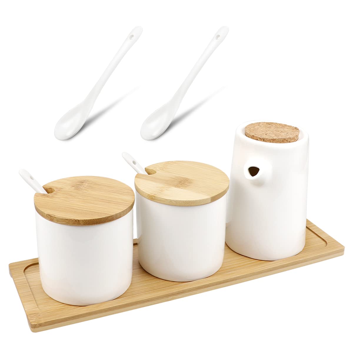 DOERDO 3 in 1 White Ceramics Oil Dispenser Bottle, Sugar Salt Condiment Storage Jar, Liquid Condiment Storage Can with Spoons and Tray for Kitchen Cooking, 250ML