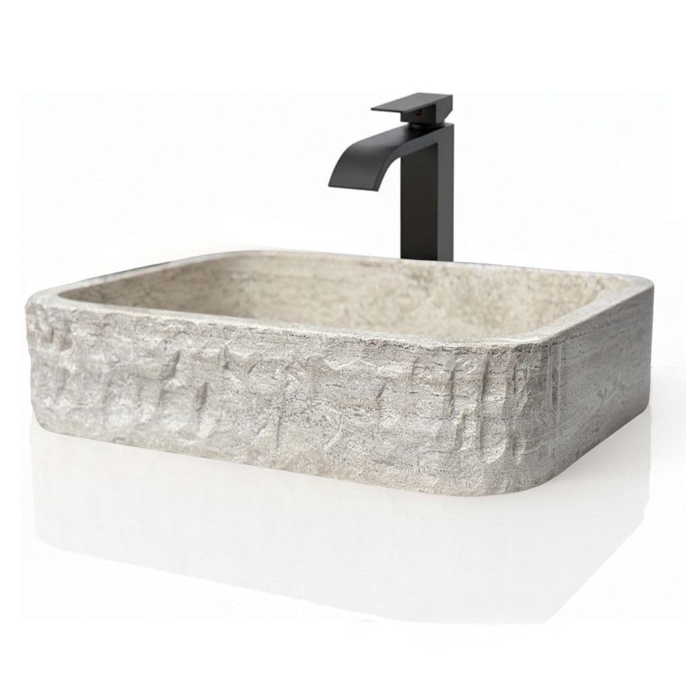 Shades of Nature Rectangular Travertine Vessel Sink, Natural Stone Wash Basin, Hand-Carved Bathroom Sink, Chiseled Exterior, Polished Interior, Above Counter Vanity (Soap Tray Included)