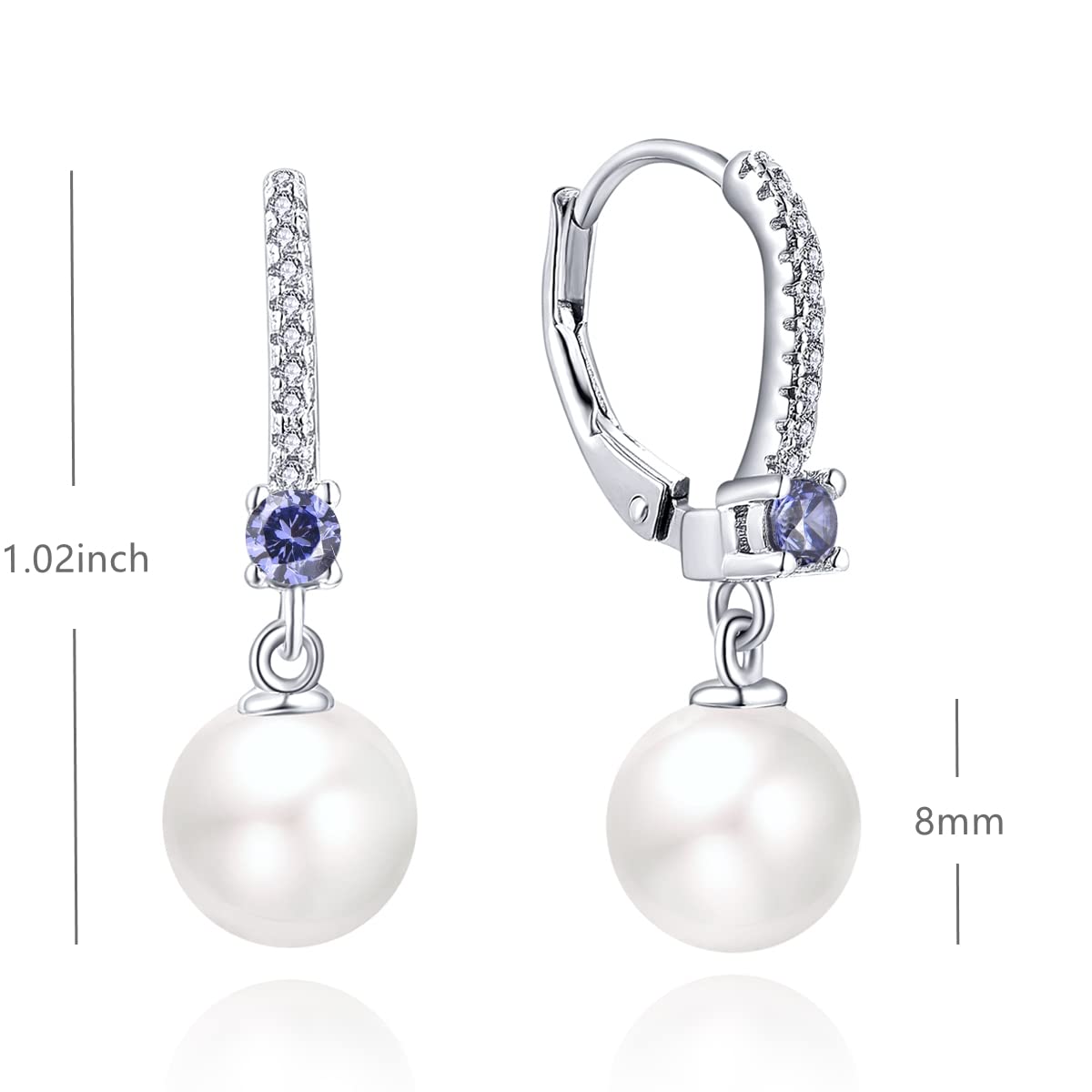 JO WISDOM Pearl Earrings,925 Sterling Silver 8mm Pearl Leverback Drop Earrings with 3A CZ December Birthstone Tanzanite Color,Jewelry for Women