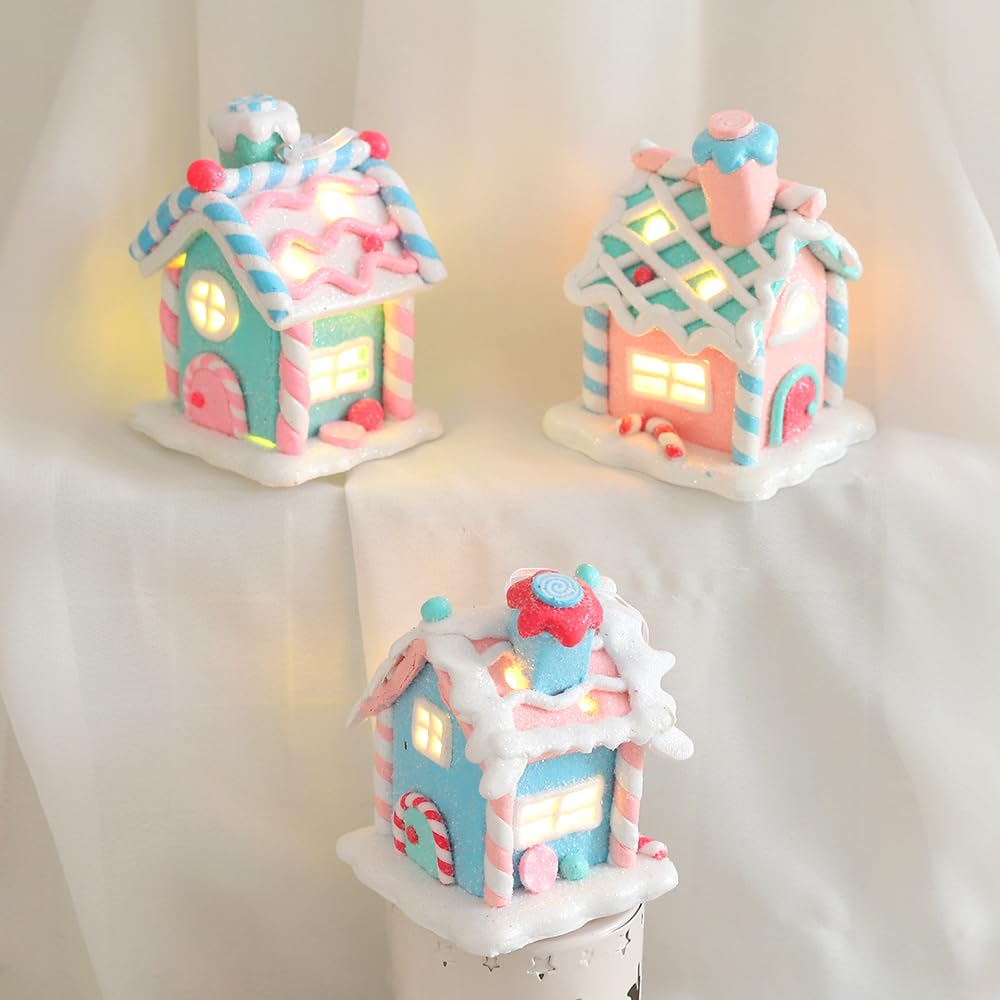 3Pcs Pastel Candy House Christmas Tree Ornaments with Lighted LED, Clay Gingerbread House Hanging Ornaments with Rope for Xmas Tree Holiday Party Home Decoration