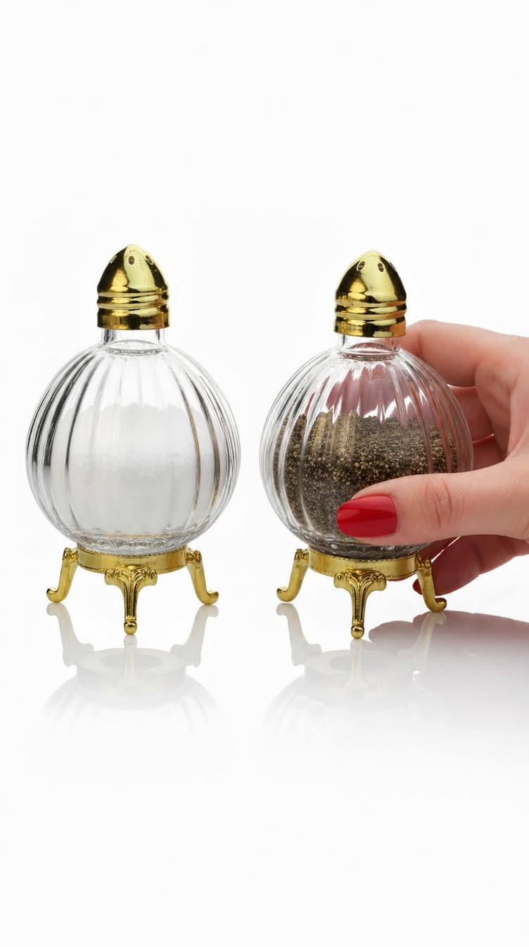Decorative Glass Salt and Pepper Shakers, Globe Design, Gold-Silver Tone Metal Stand, Set of 2 (Gold)