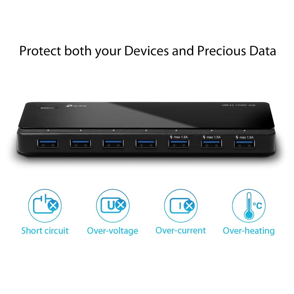 TP-Link UH700 USB Hub, 1.5A Fast Charging 7-Port Docking Station, 10x Data Transfer Speed up to 5Gbps, 12V/2.5A Power Adapter and 1m USB 3.0 Cable, Compatible with Windows, Mac OS X and Linux systems