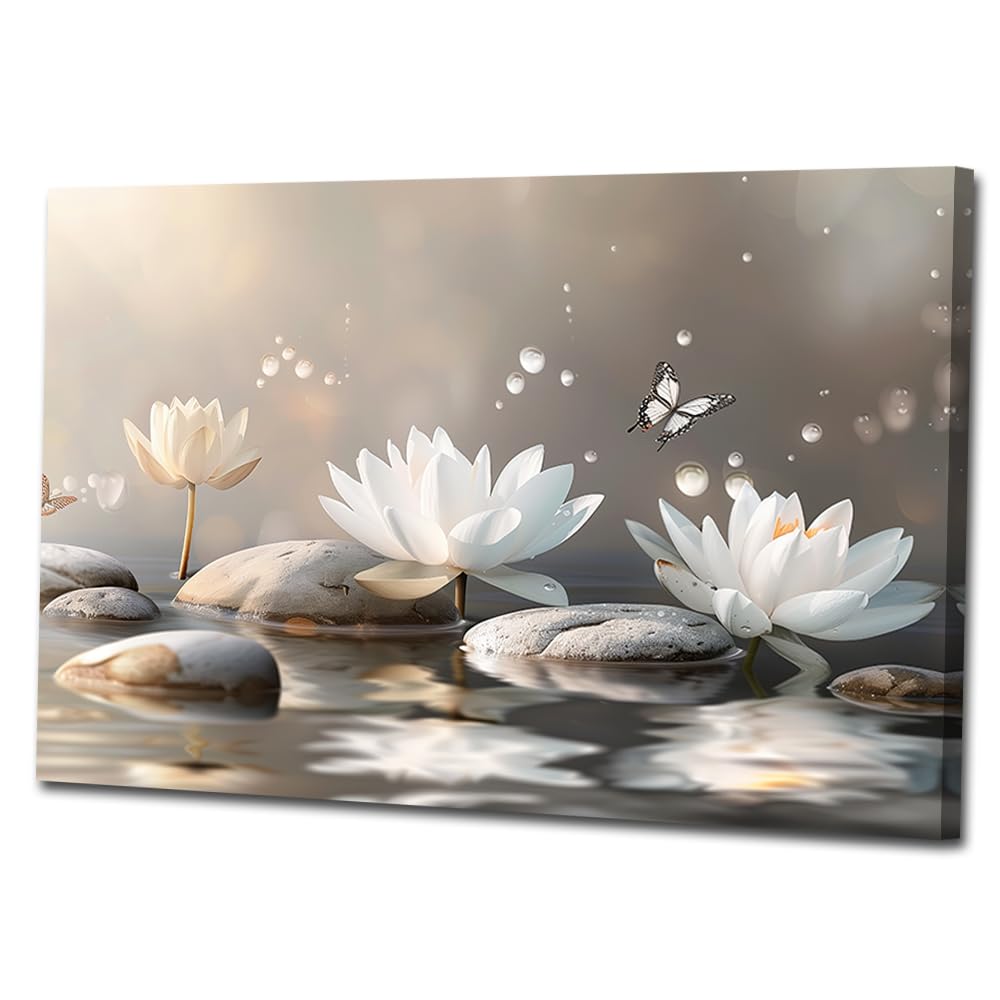 Zen Canvas Wall Art White Lotus Massage Stone on Water Picture Wall Art Meditation Spirit Painting Prints Spa Yoga Room Decor Framed(Zen-5,12x18inch (30x45cm))