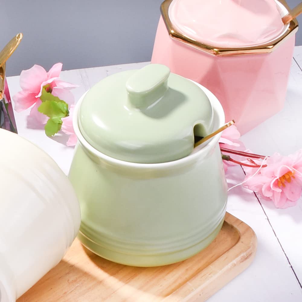 Sugar Bowl with Lid and Spoon, Ceramic Sugar Bowl,Multi-Function Sugar Container Spice Container Salt Jar Condiment Bowls Sugar Jar for Kitchen Storage Organization (Green)