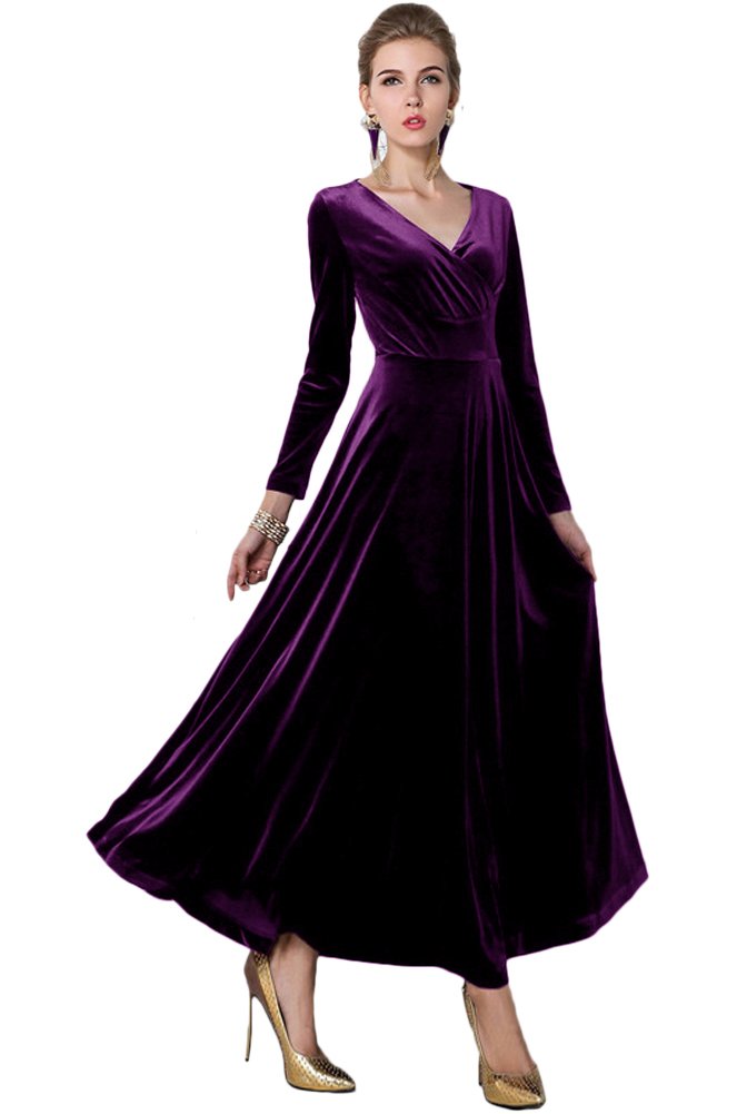Urban CoCo Women Long Sleeve V-Neck Velvet Stretchy Long Dress (as1, Alpha, l, Regular, Regular, Purple)