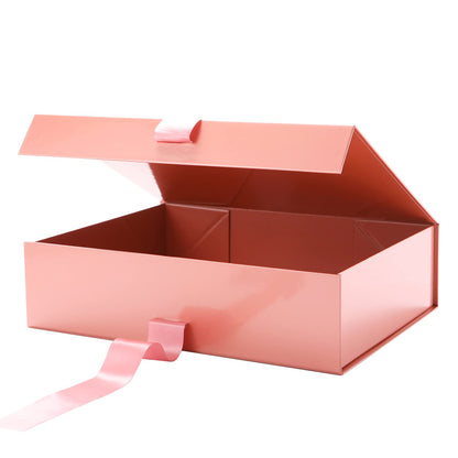 GREEN BEAN Large Gift Box with Lid for Presents 13x9.7x3.4 Inches, Gift Box Rose Gold Magnetic with Ribbon, Bridesmaid Proposal Box Luxury (Glossy Rose Gold)