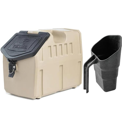 GUNNER 50 lbs Tan Dog Food Storage Container with Measuring Scoop – Waterproof & Airtight Pet Food Bin for Dry Food, Corn, Chicken Feed, Bird Seed & Treats – 3 Cup Ergonomic Scooper with Markers